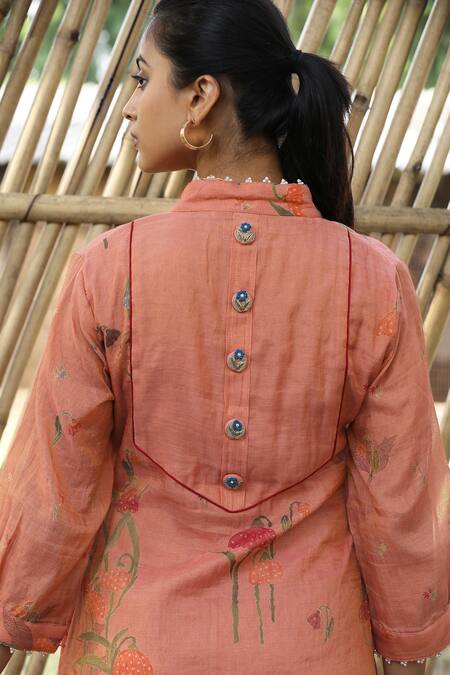 Label Kinjal Modi_Peach Chanderi Embroidery V-neck Floral Bloom Print Midi Dress _at_Aza_Fashions