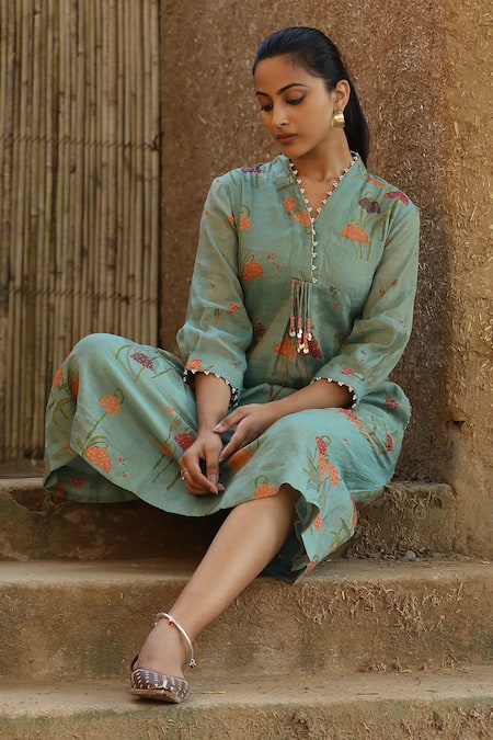 Shop_Label Kinjal Modi_Blue Chanderi Tassels V-neck Floral Bloom Print Dress _Online_at_Aza_Fashions