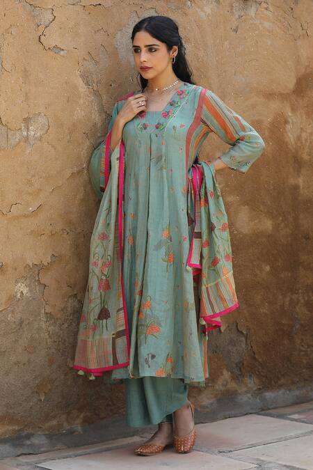 Label Kinjal Modi_Blue Tissue, Silk Embroidery V-neck Flower Bloom Print Kalidar Kurta And Pant Set _Online_at_Aza_Fashions