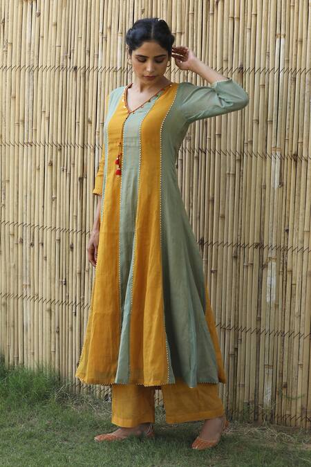 Shop_Label Kinjal Modi_Blue Tissue Sequins, Embroidery, Mirrors Color Block Panelled Kurta Pant Set _Online_at_Aza_Fashions