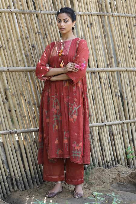 Shop_Label Kinjal Modi_Red Chanderi, Tissue Tassels Round Neck Flower Print Gathered Tunic With Pant _Online_at_Aza_Fashions