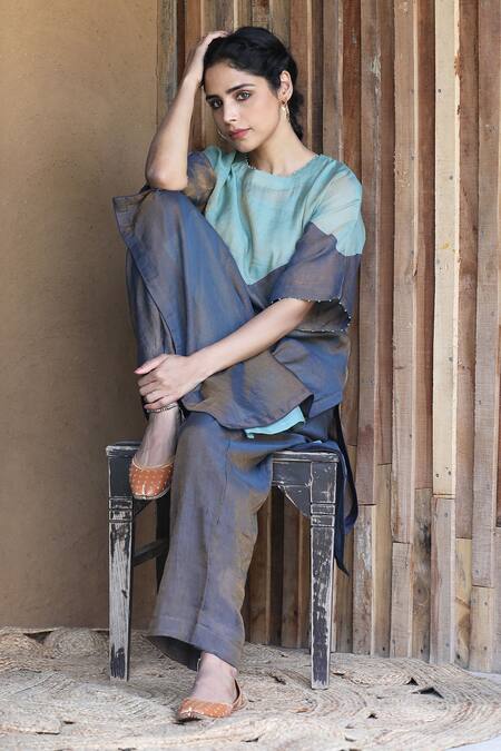 Label Kinjal Modi Blue Chanderi Beads Round Neck Color Block Tunic With Pant Online at Aza Fashions Label Kinjal Modi_Blue Chanderi Beads Round Neck Color Block Tunic With Pant _Online_at_Aza_Fashions