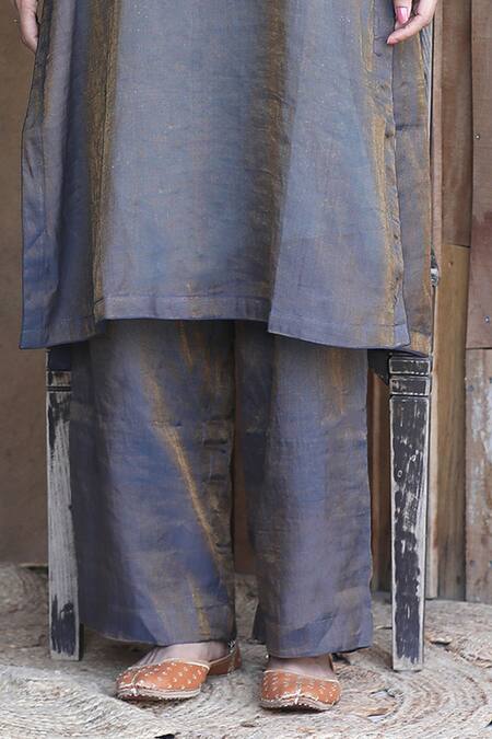 Shop Label Kinjal Modi Blue Chanderi Beads Round Neck Color Block Tunic With Pant Online at Aza Fashions Shop_Label Kinjal Modi_Blue Chanderi Beads Round Neck Color Block Tunic With Pant _Online_at_Aza_Fashions