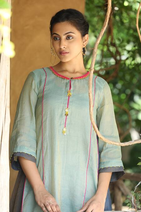 Buy_Label Kinjal Modi_Blue Chanderi Beads Round Neck Two Tone Tunic With Pant _Online_at_Aza_Fashions