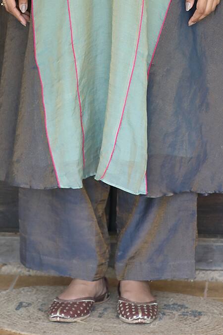 Shop_Label Kinjal Modi_Blue Chanderi Beads Round Neck Two Tone Tunic With Pant _Online_at_Aza_Fashions