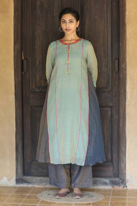 Buy_Label Kinjal Modi_Blue Chanderi Beads Round Neck Two Tone Tunic With Pant 