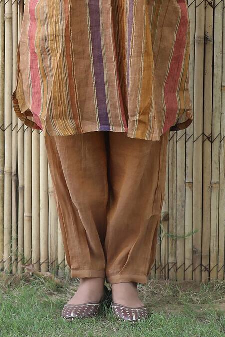 Label Kinjal Modi_Gold Chanderi, Tissue Beads Collared Stripe Pattern Tunic With Pant _Online_at_Aza_Fashions