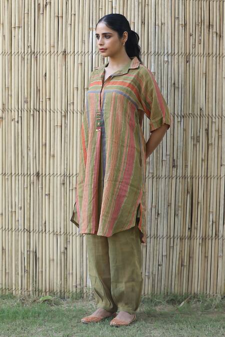 Buy_Label Kinjal Modi_Green Chanderi, Tissue Beads Collared Stripe Pattern Straight Tunic With Pant _Online_at_Aza_Fashions