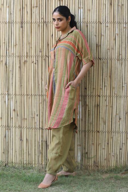 Shop_Label Kinjal Modi_Green Chanderi, Tissue Beads Collared Stripe Pattern Straight Tunic With Pant _Online_at_Aza_Fashions