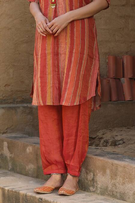 Buy_Label Kinjal Modi_Red Chanderi Beads Collared Straight Stripe Pattern Tunic With Pant _Online_at_Aza_Fashions