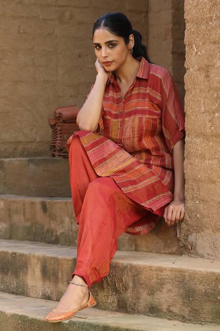 Label Kinjal Modi_Red Chanderi Beads Collared Straight Stripe Pattern Tunic With Pant _at_Aza_Fashions