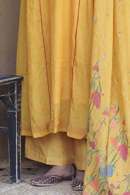 Label Kinjal Modi_Yellow Chanderi, Tissue Tassels, Mirrors, Placement Straight Kurta Pant Set _Online_at_Aza_Fashions