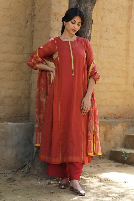 Shop_Label Kinjal Modi_Red Chanderi, Tissue Embroidery, Mirrors, Straight Placement Kurta Pant Set _Online_at_Aza_Fashions