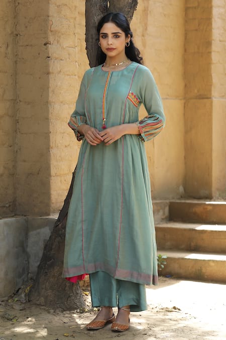 Label Kinjal Modi_Blue Chanderi, Tissue Tassels, Mirrors, Straight Gathered Kurta Pant Set _Online_at_Aza_Fashions