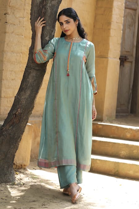 Shop_Label Kinjal Modi_Blue Chanderi, Tissue Tassels, Mirrors, Straight Gathered Kurta Pant Set _Online_at_Aza_Fashions
