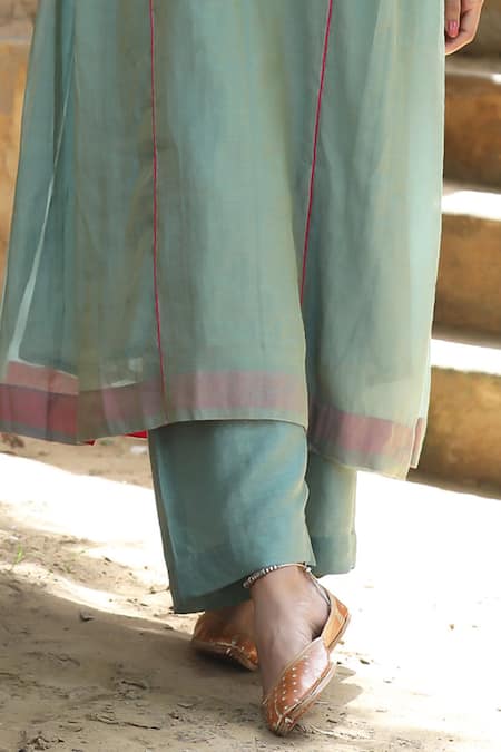 Label Kinjal Modi_Blue Chanderi, Tissue Tassels, Mirrors, Straight Gathered Kurta Pant Set _at_Aza_Fashions