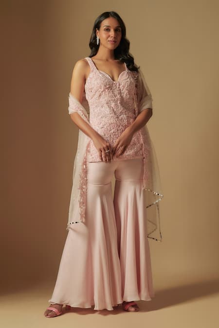 Asaga Pink Satin Organza Hand Embroidery Floral Sweetheart Ixorus Kurta Sharara Set 