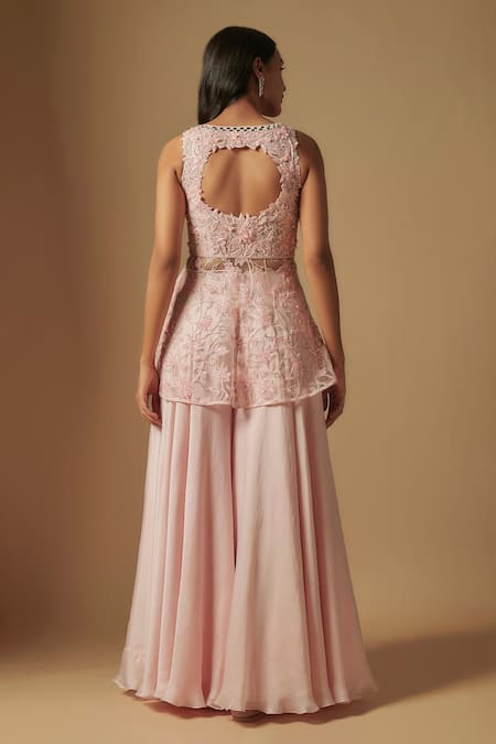 Shop_Asaga_Pink Tulle, Satin, Organza Beads, Crystals, Noom Hand Kurta Sharara Set _at_Aza_Fashions