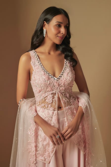 Asaga_Pink Tulle, Satin, Organza Beads, Crystals, Noom Hand Kurta Sharara Set _Online_at_Aza_Fashions