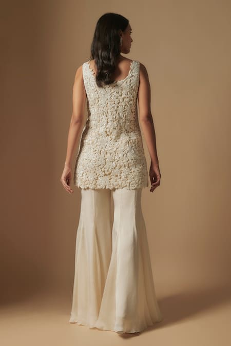 Shop Asaga Ivory Tulle, Satin, Organza Embroidery, Beads, Tidal Hand Kurta Sharara Set at Aza Fashions Shop_Asaga_Ivory Tulle, Satin, Organza Embroidery, Beads, Tidal Hand Kurta Sharara Set _at_Aza_Fashions