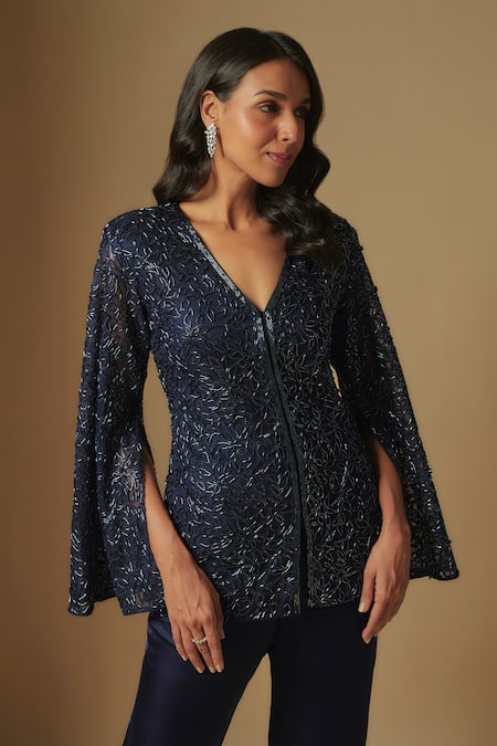 Buy_Asaga_Blue Satin, Organza Embroidery, Cut Work Hollis Hand Cape Tunic With Sharara _Online_at_Aza_Fashions