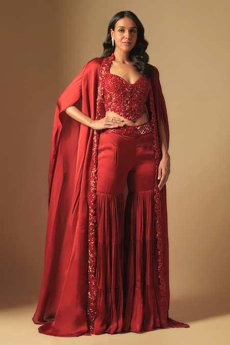 Asaga Red Satin Organza Hand Embroidery Abstract Cape Front Pepper Sharara Set 