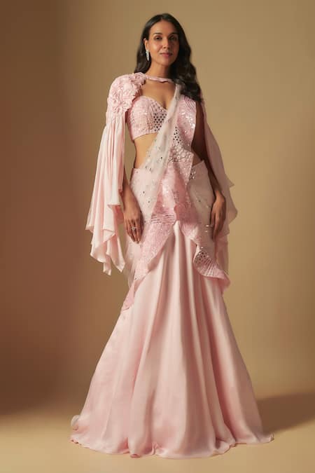 Asaga Pink Satin Organza Hand Embroidery Zenith Floral Cape And Pre-draped Saree Set 