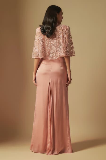 Shop Asaga Rose Gold Satin, Organza Embroidery Square Scena Hand Cape And Draped Skirt Set at Aza Fashions Shop_Asaga_Rose Gold Satin, Organza Embroidery Square Scena Hand Cape And Draped Skirt Set _at_Aza_Fashions