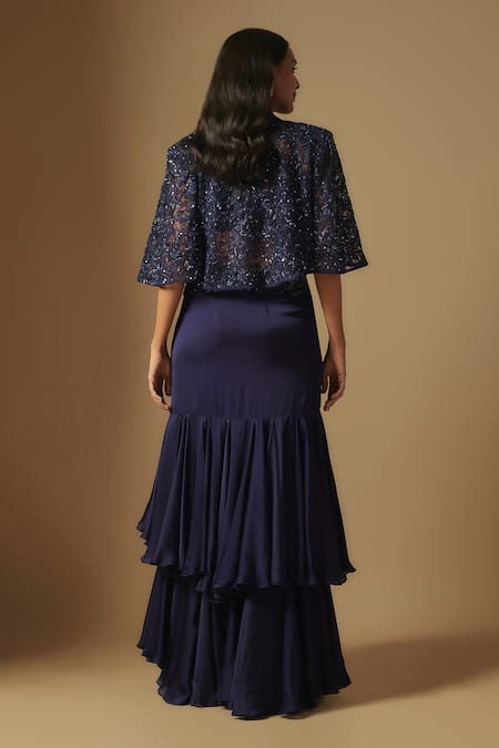 Shop Asaga Blue Satin, Organza, Tulle Cut Work, Mirrors, Marasu Hand Cape And Skirt Set at Aza Fashions Shop_Asaga_Blue Satin, Organza, Tulle Cut Work, Mirrors, Marasu Hand Cape And Skirt Set _at_Aza_Fashions