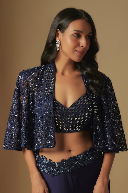 Asaga Blue Satin, Organza, Tulle Cut Work, Mirrors, Marasu Hand Cape And Skirt Set Online at Aza Fashions Asaga_Blue Satin, Organza, Tulle Cut Work, Mirrors, Marasu Hand Cape And Skirt Set _Online_at_Aza_Fashions