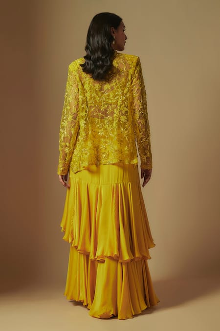 Shop Asaga Yellow Tulle, Satin, Organza Embroidery, Mirrors, Umble Hand Jacket And Skirt Set at Aza Fashions Shop_Asaga_Yellow Tulle, Satin, Organza Embroidery, Mirrors, Umble Hand Jacket And Skirt Set _at_Aza_Fashions