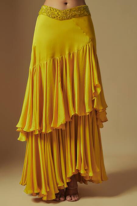 Asaga Yellow Tulle, Satin, Organza Embroidery, Mirrors, Umble Hand Jacket And Skirt Set Online at Aza Fashions Asaga_Yellow Tulle, Satin, Organza Embroidery, Mirrors, Umble Hand Jacket And Skirt Set _Online_at_Aza_Fashions