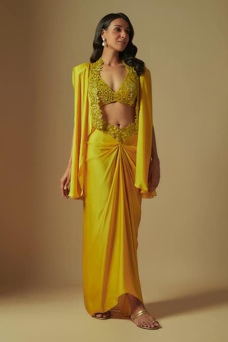 Asaga Yellow Satin Organza Hand Embroidery Abstract Cape Front Flux And Skirt Set 