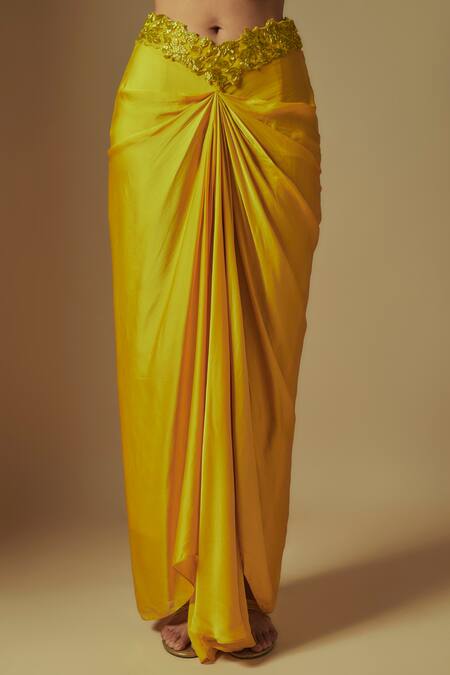 Asaga_Yellow Satin, Organza, Tulle Cut Work, Flux Hand Embroidered Cape And Skirt Set _Online_at_Aza_Fashions