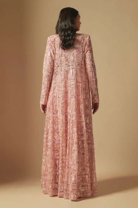 Shop Asaga Rose Gold Tulle, Satin, Organza Cut Dyon Hand Embroidered Jacket And Skirt Set at Aza Fashions Shop_Asaga_Rose Gold Tulle, Satin, Organza Cut Dyon Hand Embroidered Jacket And Skirt Set _at_Aza_Fashions