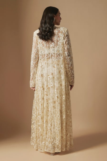 Shop Asaga Ivory Tulle, Satin, Organza Cut Work, Moon Pie Hand Jacket And Skirt Set at Aza Fashions Shop_Asaga_Ivory Tulle, Satin, Organza Cut Work, Moon Pie Hand Jacket And Skirt Set _at_Aza_Fashions