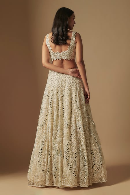 Shop_Asaga_Ivory Tulle, Satin, Organza Cut Work, Ambler Hand Embroidered Lehenga Set _at_Aza_Fashions