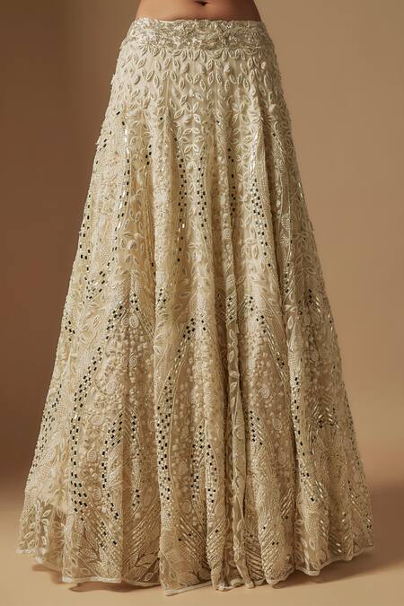 Asaga_Ivory Tulle, Satin, Organza Cut Work, Ambler Hand Embroidered Lehenga Set _Online_at_Aza_Fashions