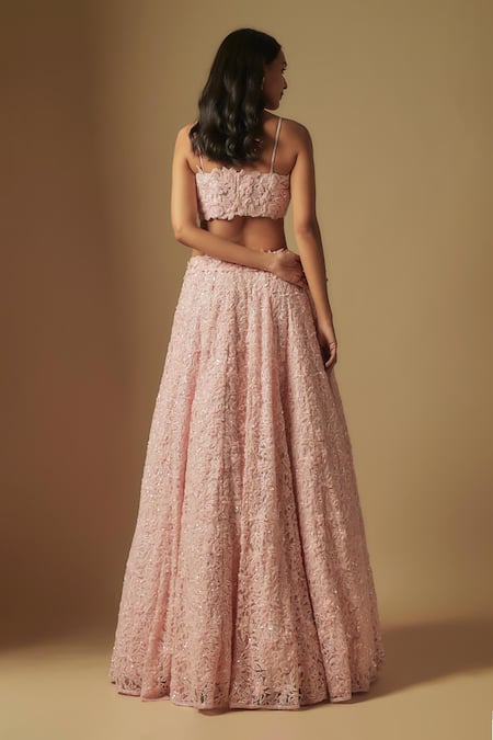 Shop Asaga Pink Satin, Organza, Tulle Crystals, Cut Work Eke Hand Embroidered Lehenga Set at Aza Fashions Shop_Asaga_Pink Satin, Organza, Tulle Crystals, Cut Work Eke Hand Embroidered Lehenga Set _at_Aza_Fashions