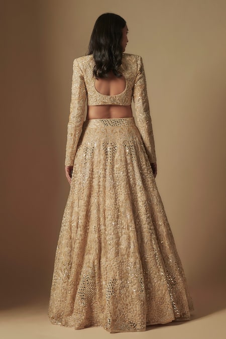 Shop Asaga Gold Satin, Organza, Tulle Crystals, Cut Work Bronx Hand Embroidered Lehenga Set at Aza Fashions Shop_Asaga_Gold Satin, Organza, Tulle Crystals, Cut Work Bronx Hand Embroidered Lehenga Set _at_Aza_Fashions
