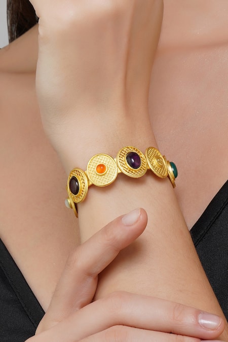 ZARIIN_Multi Color Crystals, Diamonds Navratan Stone Embellished Cuff Bracelet _Online_at_Aza_Fashions