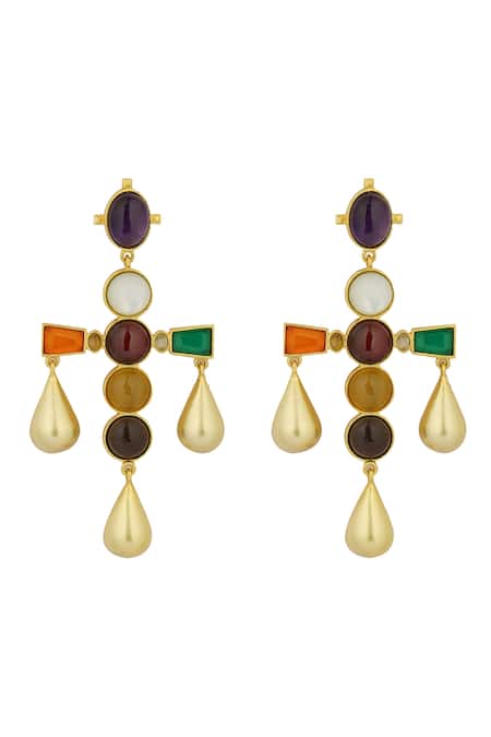 Shop ZARIIN Multi Color Crystals, Stones Navratan Studded Earrings at Aza Fashions Shop_ZARIIN_Multi Color Crystals, Stones Navratan Studded Earrings _at_Aza_Fashions