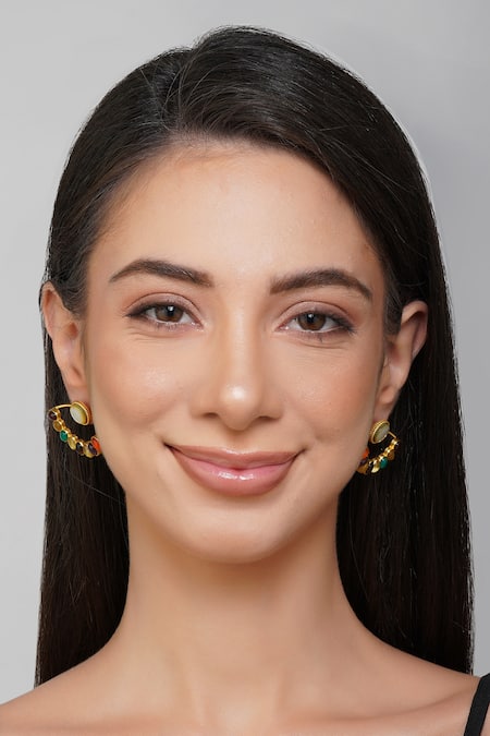 ZARIIN_Multi Color Stones Shakti Navratan Studded Earrings_Online_at_Aza_Fashions