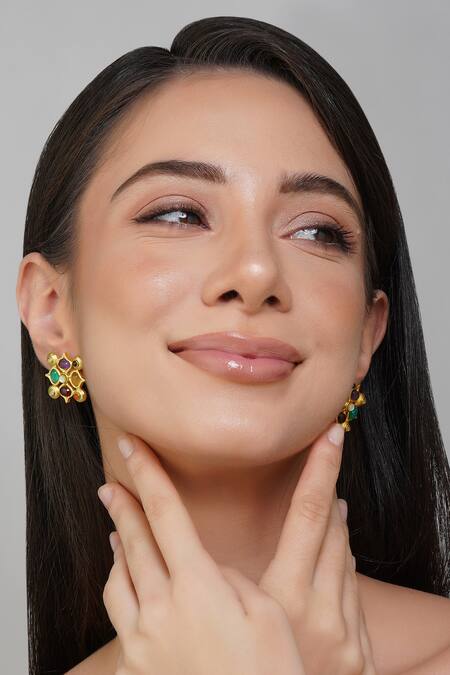 ZARIIN_Multi Color Crystals, Stones Geometric Carved Stud Earrings _Online_at_Aza_Fashions