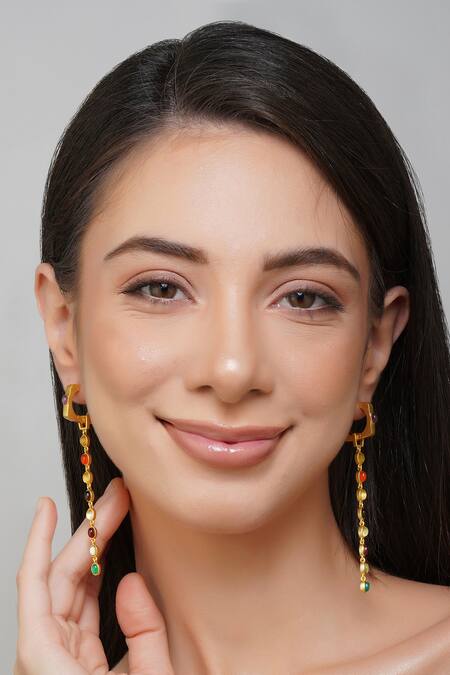 ZARIIN_Multi Color Gota Patti, Stones Power Chain Embellished Hoop Earrings _Online_at_Aza_Fashions