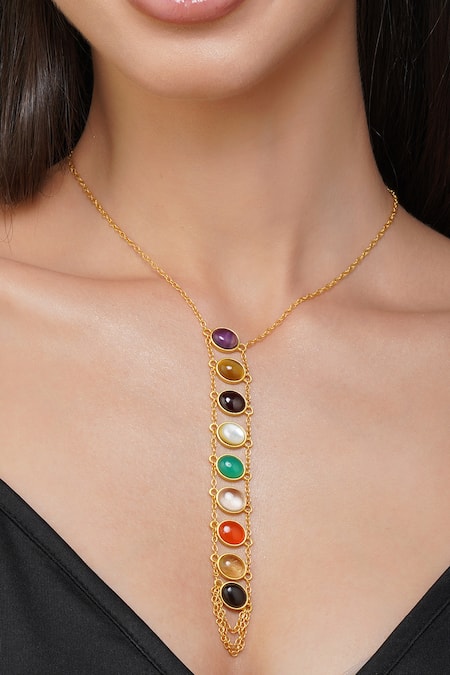 Zariin Multi Color Garnet Power Within Navratan Lariat Necklace 