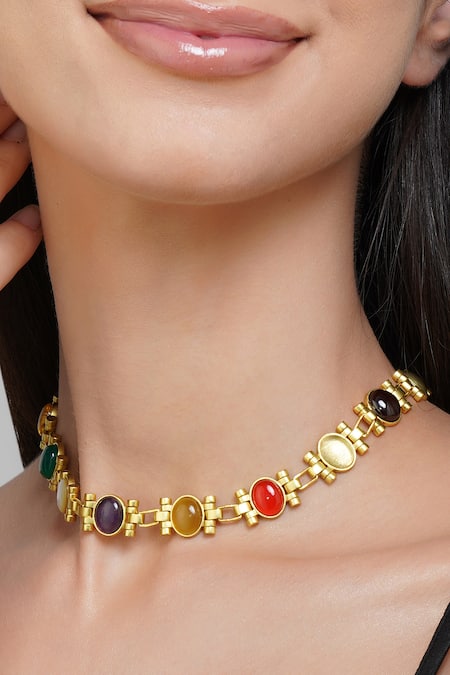 Buy_ZARIIN_Multi Color Power Moves Navratna Stone Studded Choker Necklace _Online_at_Aza_Fashions