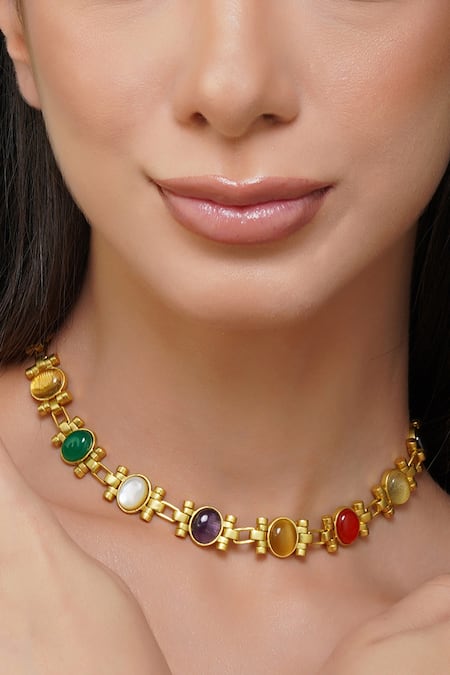 Zariin Multi Color Garnet Power Moves Navratna Stone Studded Choker Necklace 