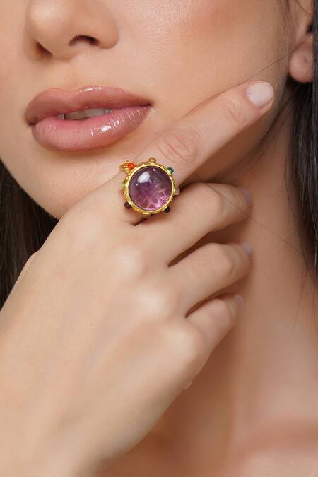 ZARIIN_Multi Color Gota Patti Navratna Stone Studded Ring _Online_at_Aza_Fashions