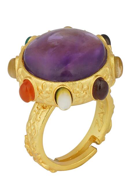 Shop_ZARIIN_Multi Color Gota Patti Navratna Stone Studded Ring _Online_at_Aza_Fashions
